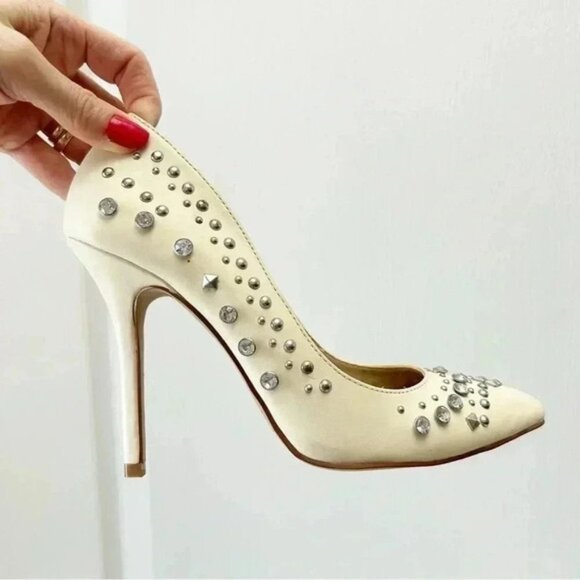 Aldo Cream Leather Pumps Pointed Toe High Heel Rhinestone Studded Stiletto 7.5 - Picture 16 of 16